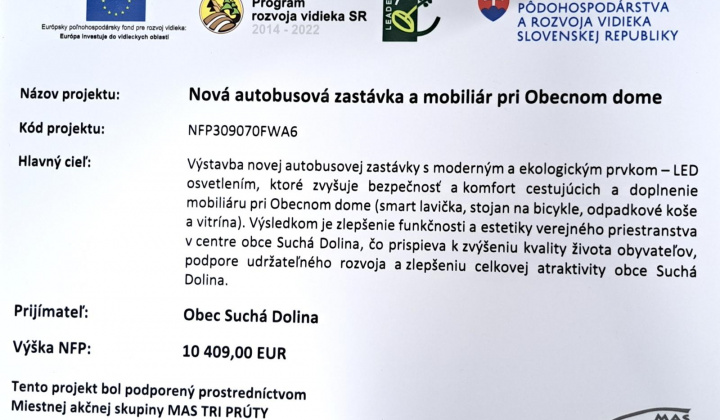 1. fotografia fotogalérie Aktuality / Nová autobusová zastávka a mobiliár pri Obecnom dome v Suchej Doline - foto