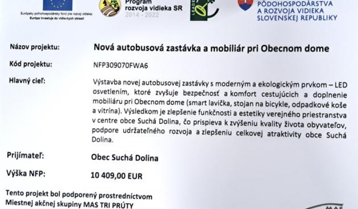1. fotografia fotogalérie Projekty / Nová autobusová zastávka a mobiliár pri Obecnom dome v Suchej Doline - foto