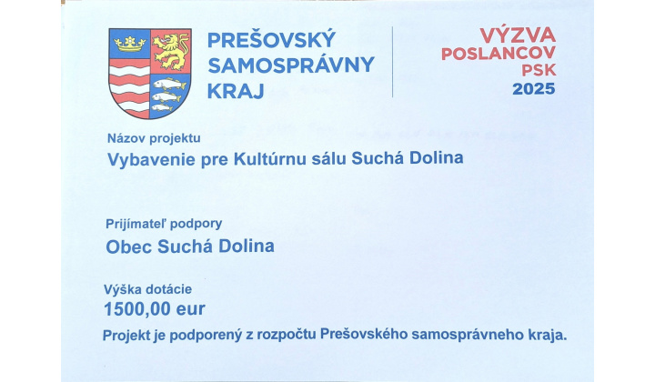 Fotka - Vybavenie pre Kultúrnu sálu Suchá Dolina z dotácie Poslancov PSK